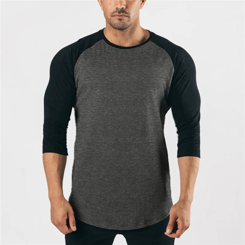 Fashion three-quarter sleeve cotton patchwork top SF1592 for men with raglan sleeves and O-neck collar.
